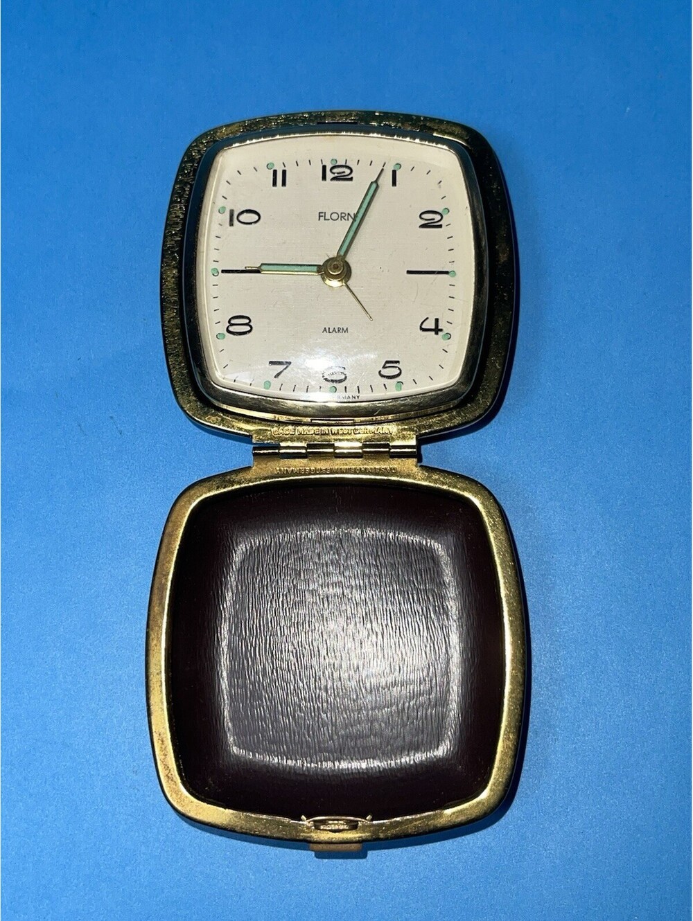 Vintage Florn West Germany Mechanical Travel Alarm Clock Folding Case Wind Up